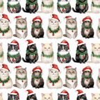 christmas cats, santa hats, red santa hats, white cats, gray cats, black cats, tabby cats, green garland, red ornaments, christmas ornaments, repeating pattern,, fabric panel, holiday theme, festive cats, watercolor style, cute kittens, christmas decorations, seasonal fabric, cotton fabric