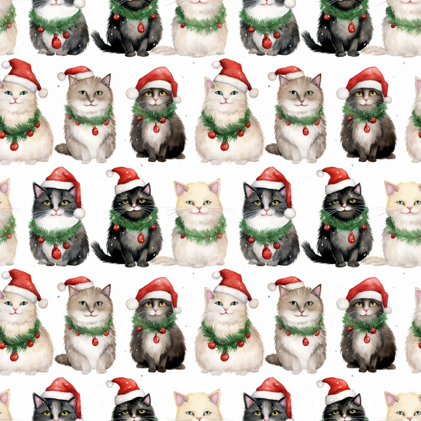 christmas cats, santa hats, red santa hats, white cats, gray cats, black cats, tabby cats, green garland, red ornaments, christmas ornaments, repeating pattern,, fabric panel, holiday theme, festive cats, watercolor style, cute kittens, christmas decorations, seasonal fabric, cotton fabric