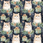 christmas cats, orange tabby kittens, blue eyes, watercolor style, evergreen branches, gift boxes, sage green presents, copper ribbons, holly berries, pine needles, navy blue background, white snowflakes,, fabric panel, repeating pattern, winter theme, holiday motif, cute animals, festive design, christmas decorations