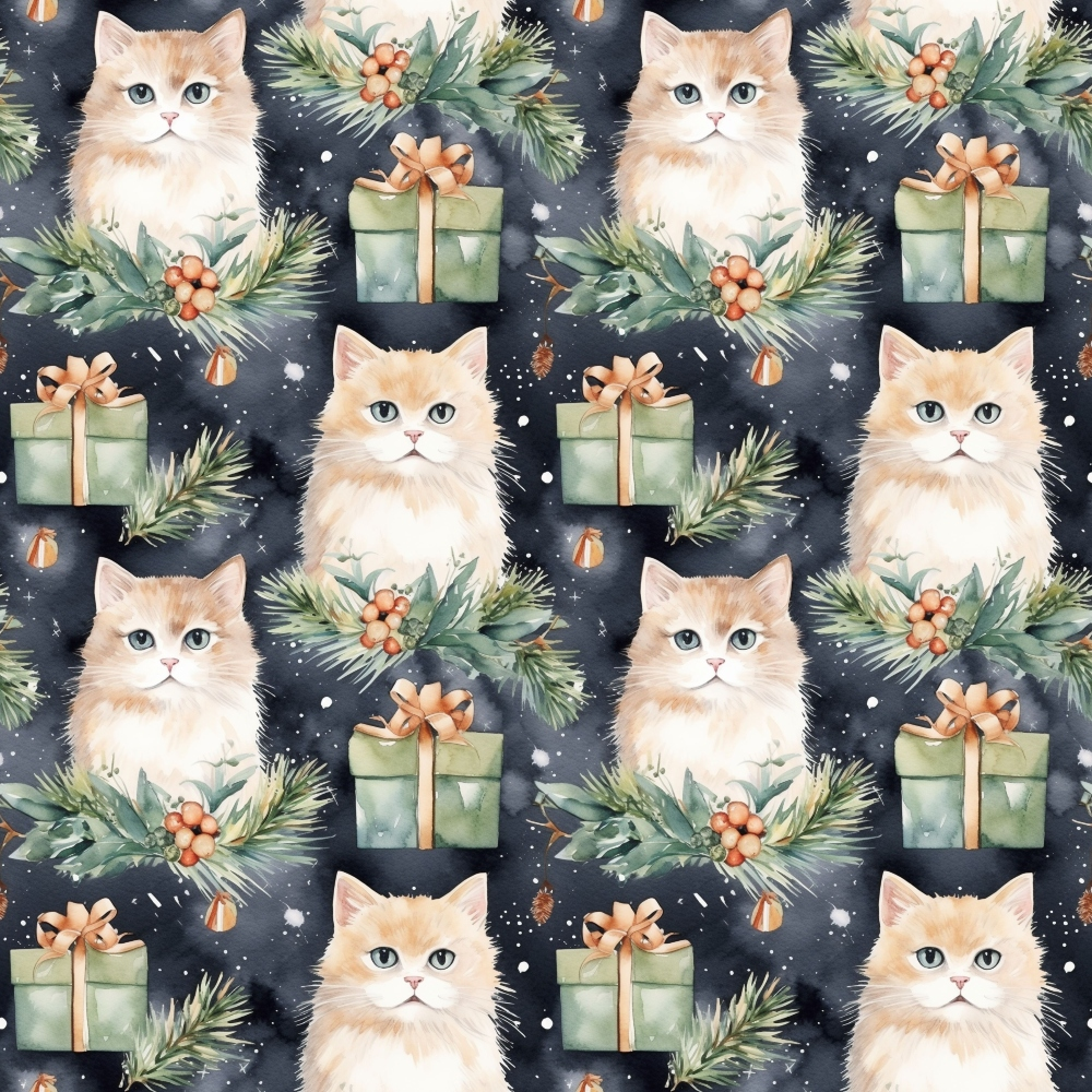 christmas cats, orange tabby kittens, blue eyes, watercolor style, evergreen branches, gift boxes, sage green presents, copper ribbons, holly berries, pine needles, navy blue background, white snowflakes,, fabric panel, repeating pattern, winter theme, holiday motif, cute animals, festive design, christmas decorations