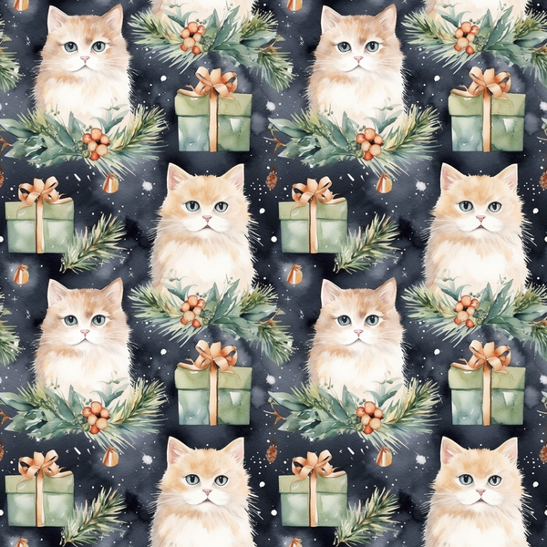 christmas cats, orange tabby kittens, blue eyes, watercolor style, evergreen branches, gift boxes, sage green presents, copper ribbons, holly berries, pine needles, navy blue background, white snowflakes,, fabric panel, repeating pattern, winter theme, holiday motif, cute animals, festive design, christmas decorations