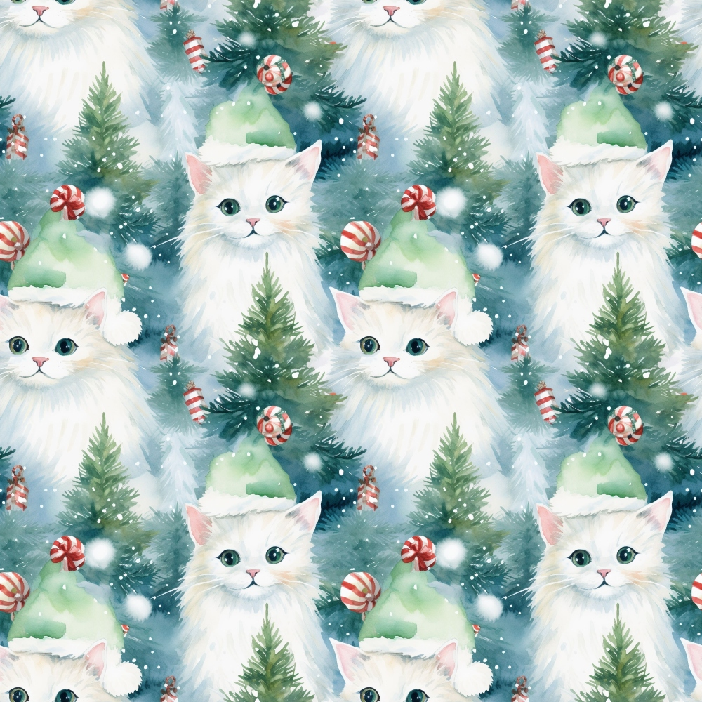 christmas cats, white kittens, green santa hats, pine trees, candy canes, red white stripes, peppermint candies, snowflakes, winter pattern,, fabric panel, watercolor style, festive design, holiday theme, cute animals, mint green, coral pink, snowy background, repeating pattern, christmas ornaments