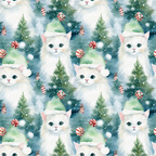 christmas cats, white kittens, green santa hats, pine trees, candy canes, red white stripes, peppermint candies, snowflakes, winter pattern,, fabric panel, watercolor style, festive design, holiday theme, cute animals, mint green, coral pink, snowy background, repeating pattern, christmas ornaments