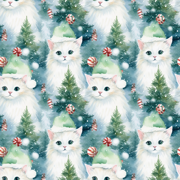 christmas cats, white kittens, green santa hats, pine trees, candy canes, red white stripes, peppermint candies, snowflakes, winter pattern,, fabric panel, watercolor style, festive design, holiday theme, cute animals, mint green, coral pink, snowy background, repeating pattern, christmas ornaments