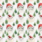 christmas cats, santa hats, red hats, green christmas trees, white cats, gray cats, orange cats, repeating pattern,, fabric panel, holiday theme, festive design, watercolor style, cute animals, seasonal motif, red ornaments, pine trees, whimsical illustration, christmas fabric, cotton material