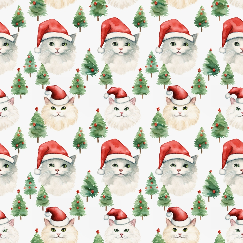 christmas cats, santa hats, red hats, green christmas trees, white cats, gray cats, orange cats, repeating pattern,, fabric panel, holiday theme, festive design, watercolor style, cute animals, seasonal motif, red ornaments, pine trees, whimsical illustration, christmas fabric, cotton material