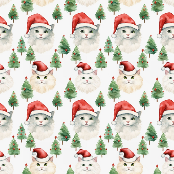 christmas cats, santa hats, red hats, green christmas trees, white cats, gray cats, orange cats, repeating pattern,, fabric panel, holiday theme, festive design, watercolor style, cute animals, seasonal motif, red ornaments, pine trees, whimsical illustration, christmas fabric, cotton material