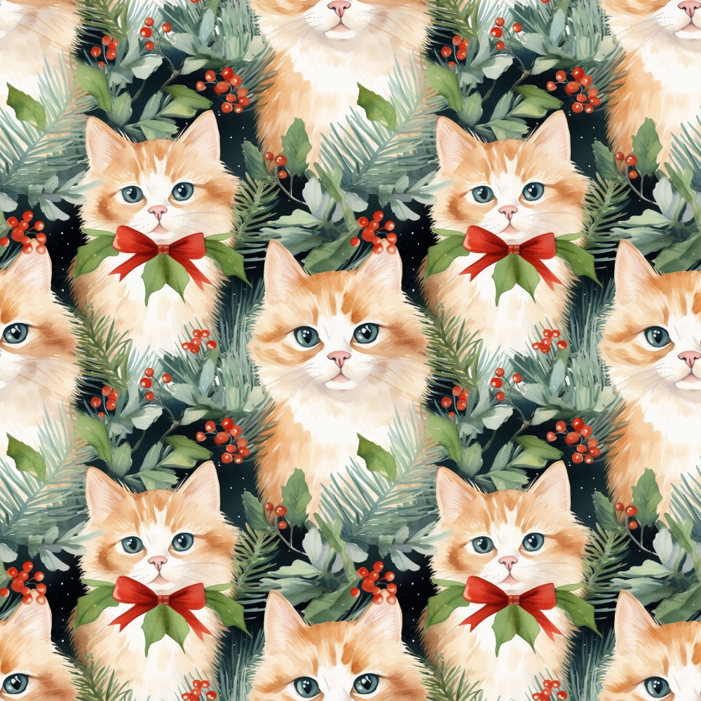 orange cats, ginger kittens, blue eyes, red bow ties, christmas greenery, holly berries, pine branches, festive foliage, winter pattern, repeating design, watercolor style, holiday cats,, fabric panel, christmas theme, seasonal motif, cute animals, soft illustration, green leaves, red accents