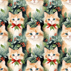 orange cats, ginger kittens, blue eyes, red bow ties, christmas greenery, holly berries, pine branches, festive foliage, winter pattern, repeating design, watercolor style, holiday cats,, fabric panel, christmas theme, seasonal motif, cute animals, soft illustration, green leaves, red accents