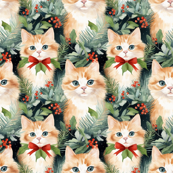 orange cats, ginger kittens, blue eyes, red bow ties, christmas greenery, holly berries, pine branches, festive foliage, winter pattern, repeating design, watercolor style, holiday cats,, fabric panel, christmas theme, seasonal motif, cute animals, soft illustration, green leaves, red accents