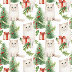 cream, white, green, red, coral, kittens, cats, christmas gifts, pine branches, holly leaves, red berries, gift boxes, red ribbons, watercolor style, repeating pattern,, fabric panel, christmas theme, holiday motif, cute animals, festive design, winter pattern, soft pastels