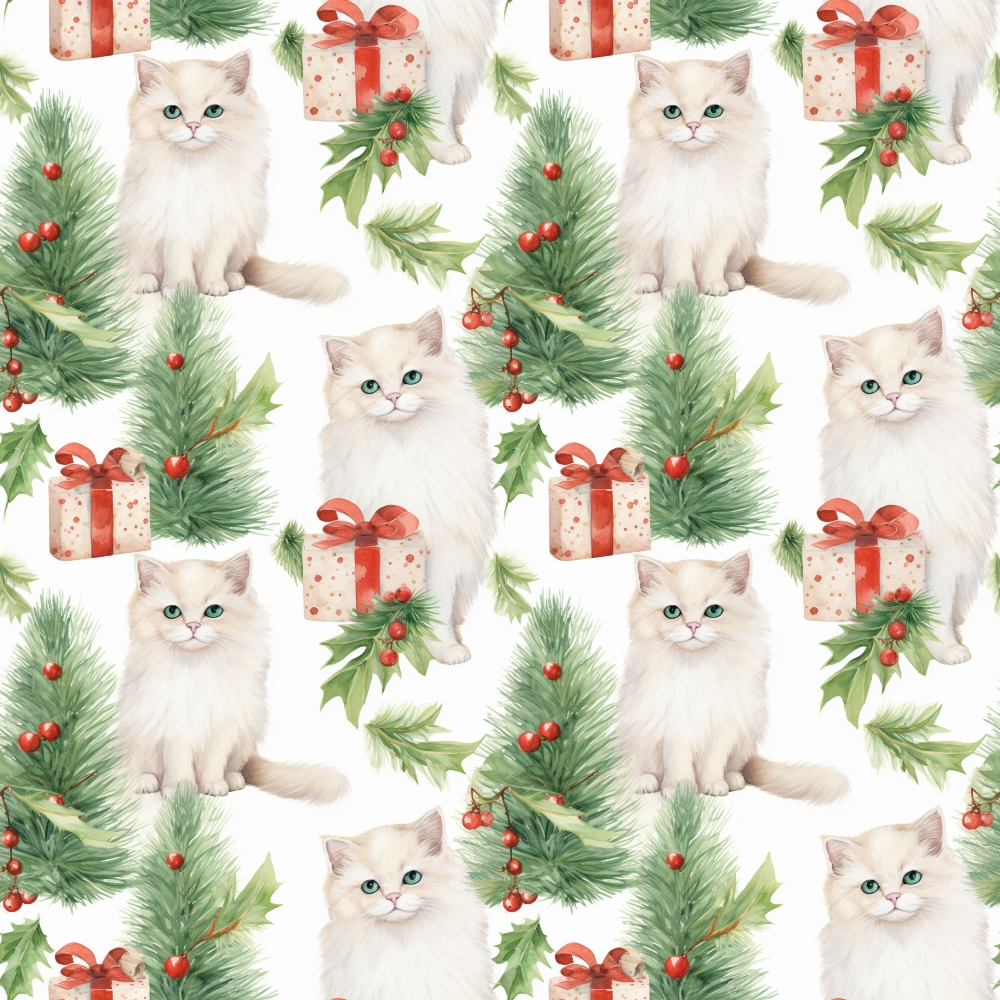cream, white, green, red, coral, kittens, cats, christmas gifts, pine branches, holly leaves, red berries, gift boxes, red ribbons, watercolor style, repeating pattern,, fabric panel, christmas theme, holiday motif, cute animals, festive design, winter pattern, soft pastels