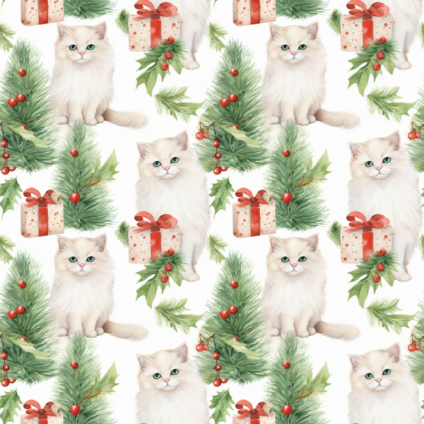 cream, white, green, red, coral, kittens, cats, christmas gifts, pine branches, holly leaves, red berries, gift boxes, red ribbons, watercolor style, repeating pattern,, fabric panel, christmas theme, holiday motif, cute animals, festive design, winter pattern, soft pastels