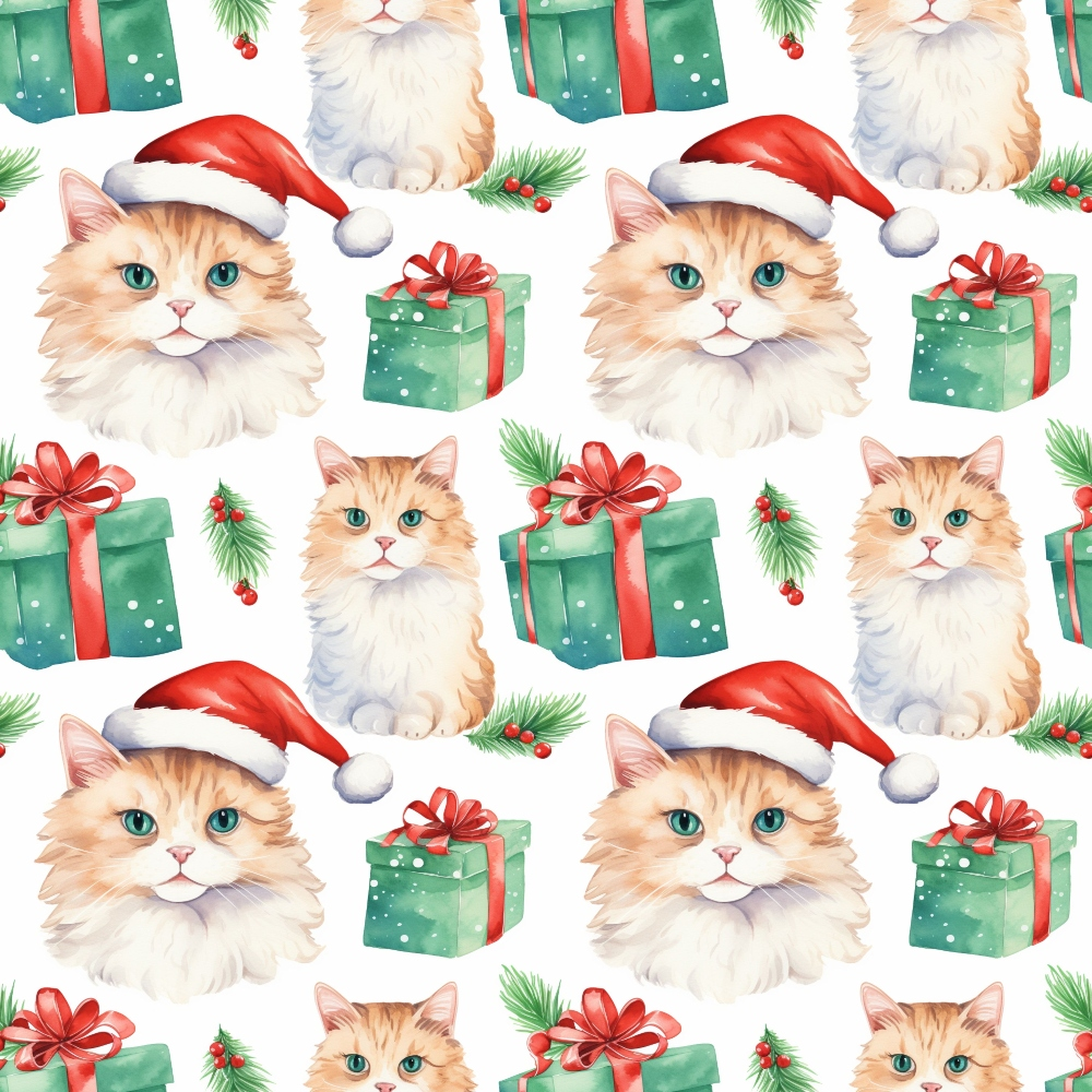 christmas cats, santa hats, orange tabby, fluffy kittens, green gift boxes, red ribbons, pine branches, holly berries, white background, repeating pattern, watercolor style, festive theme, holiday motif,, fabric panel, turquoise eyes, orange striped fur, christmas presents, seasonal design, cute animals
