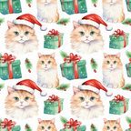 christmas cats, santa hats, orange tabby, fluffy kittens, green gift boxes, red ribbons, pine branches, holly berries, white background, repeating pattern, watercolor style, festive theme, holiday motif,, fabric panel, turquoise eyes, orange striped fur, christmas presents, seasonal design, cute animals