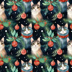 christmas cats, holiday kittens, red ornaments, pine branches, holly berries, navy blue background, watercolor style, festive pattern,, fabric panel, winter theme, cute animals, christmas decorations, evergreen foliage, golden eyes, white whiskers, seasonal design, repeating pattern, crafting fabric, holiday sewing