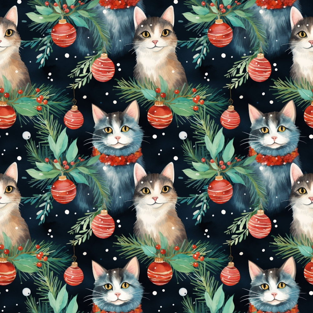 christmas cats, holiday kittens, red ornaments, pine branches, holly berries, navy blue background, watercolor style, festive pattern,, fabric panel, winter theme, cute animals, christmas decorations, evergreen foliage, golden eyes, white whiskers, seasonal design, repeating pattern, crafting fabric, holiday sewing