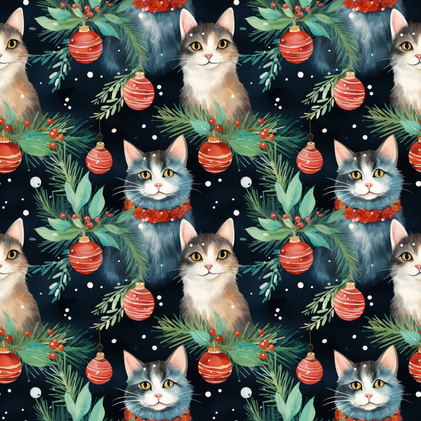 christmas cats, holiday kittens, red ornaments, pine branches, holly berries, navy blue background, watercolor style, festive pattern,, fabric panel, winter theme, cute animals, christmas decorations, evergreen foliage, golden eyes, white whiskers, seasonal design, repeating pattern, crafting fabric, holiday sewing