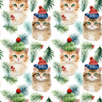 christmas cats, winter kittens, holiday felines, green winter hats, red pom poms, blue striped beanies, orange tabby cats, pine branches, evergreen needles, red berries, holly accents, christmas ornaments, repeating pattern, watercolor style, festive design,, fabric panel, seasonal motifs, winter accessories, adorable animals