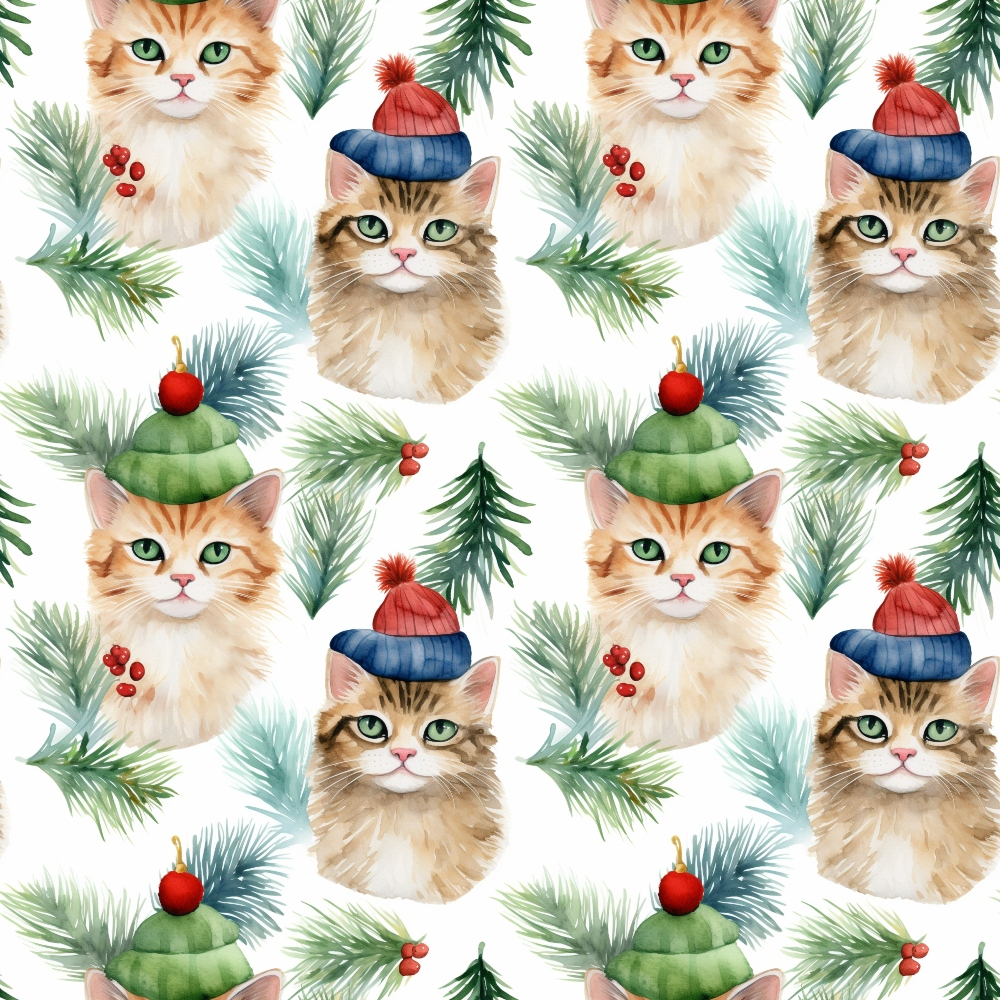 christmas cats, winter kittens, holiday felines, green winter hats, red pom poms, blue striped beanies, orange tabby cats, pine branches, evergreen needles, red berries, holly accents, christmas ornaments, repeating pattern, watercolor style, festive design,, fabric panel, seasonal motifs, winter accessories, adorable animals