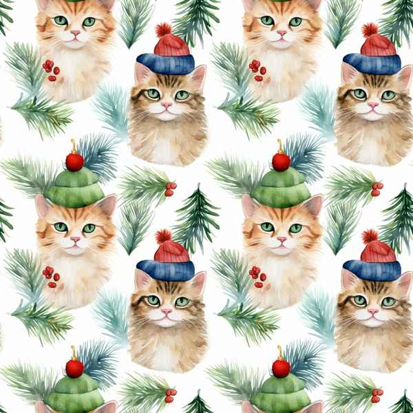 christmas cats, winter kittens, holiday felines, green winter hats, red pom poms, blue striped beanies, orange tabby cats, pine branches, evergreen needles, red berries, holly accents, christmas ornaments, repeating pattern, watercolor style, festive design,, fabric panel, seasonal motifs, winter accessories, adorable animals