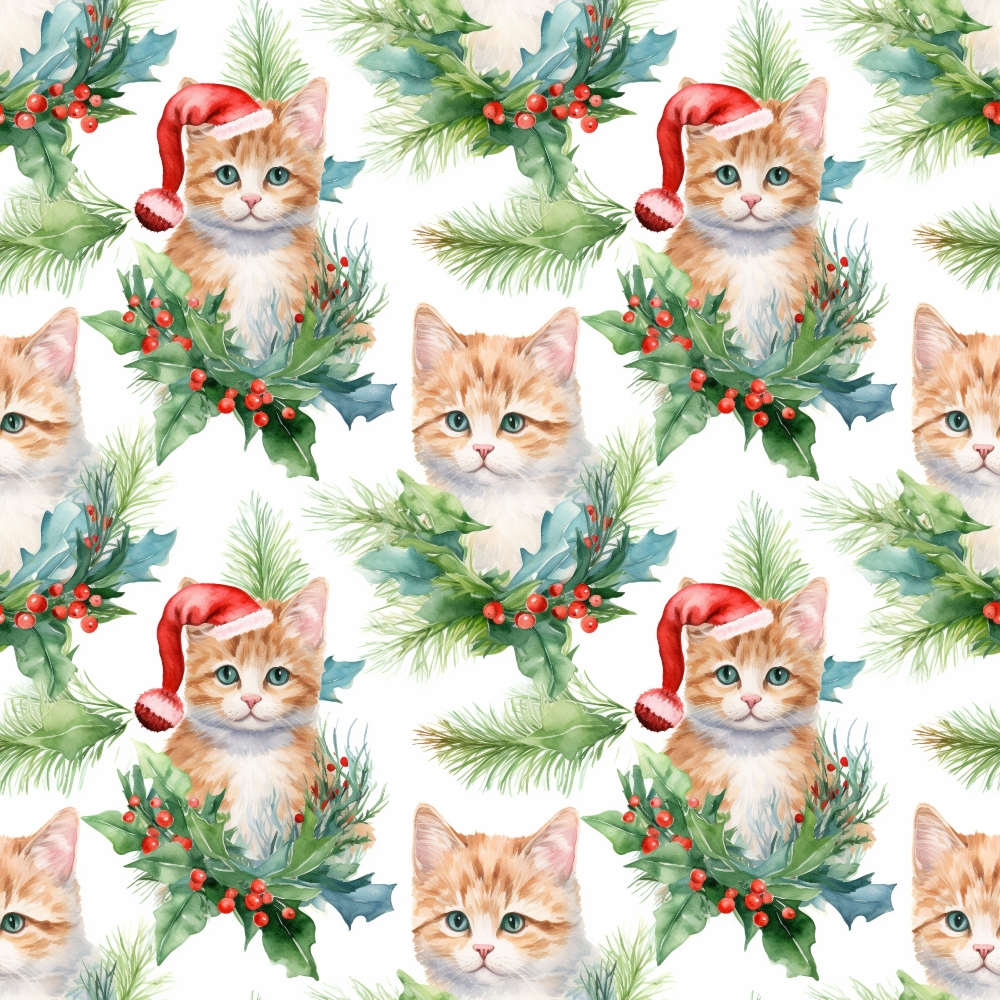 orange tabby kittens, santa hats, christmas holly, red berries, pine branches, evergreen needles, watercolor style, holiday pattern,, fabric panel, festive motif, seasonal design, cute animals, green foliage, white background, repeating pattern, christmas theme, soft pastels, kitten faces, winter decor