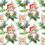 orange tabby kittens, santa hats, christmas holly, red berries, pine branches, evergreen needles, watercolor style, holiday pattern,, fabric panel, festive motif, seasonal design, cute animals, green foliage, white background, repeating pattern, christmas theme, soft pastels, kitten faces, winter decor