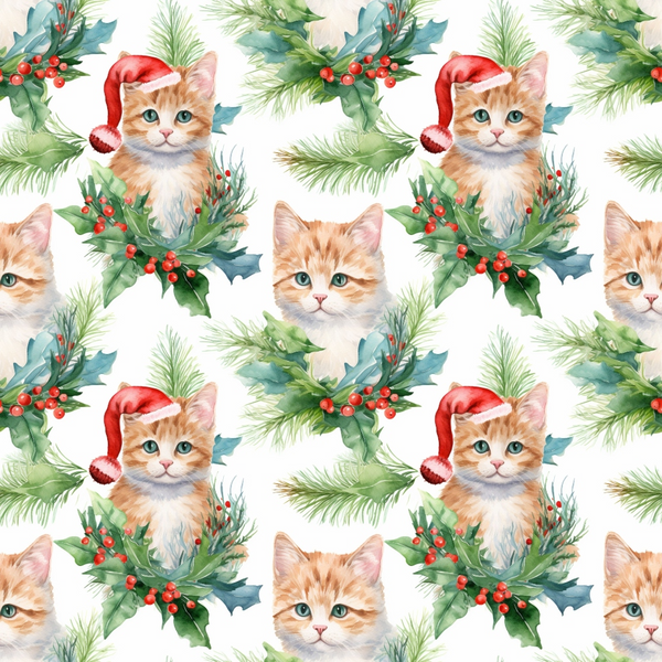 orange tabby kittens, santa hats, christmas holly, red berries, pine branches, evergreen needles, watercolor style, holiday pattern,, fabric panel, festive motif, seasonal design, cute animals, green foliage, white background, repeating pattern, christmas theme, soft pastels, kitten faces, winter decor