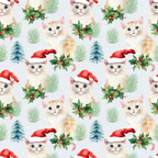 christmas kittens, santa hats, red and white, cream colored cats, blue eyes, holly leaves, red berries, pine trees, evergreen branches, candy canes, watercolor style, repeating pattern,, fabric panel, holiday theme, winter motif, cute animals, festive design, seasonal fabric, christmas cats