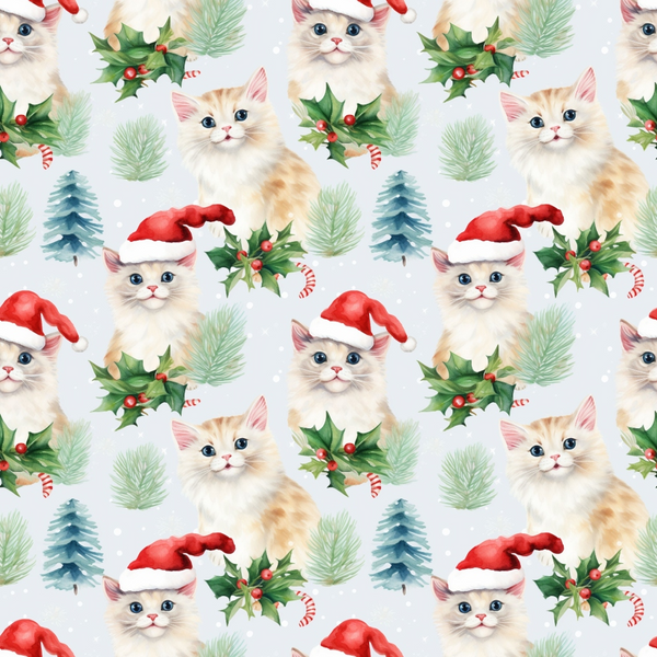 christmas kittens, santa hats, red and white, cream colored cats, blue eyes, holly leaves, red berries, pine trees, evergreen branches, candy canes, watercolor style, repeating pattern,, fabric panel, holiday theme, winter motif, cute animals, festive design, seasonal fabric, christmas cats