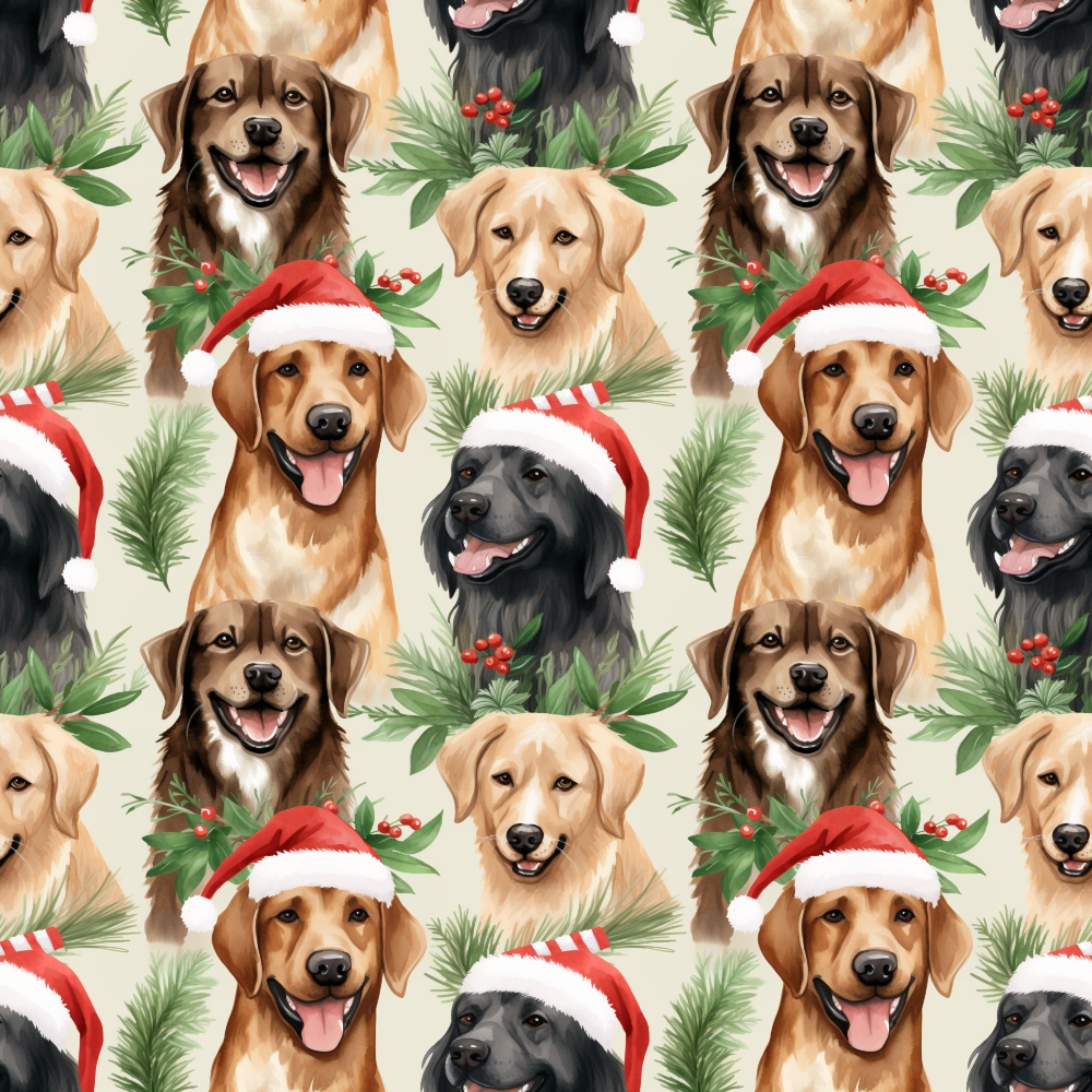 christmas dogs, santa hats, golden retriever, black labrador, brown mixed breed, cream background, holiday pattern, pine branches, red berries, holly leaves, repeating design, festive puppies, winter theme,, fabric panel, cheerful dogs, christmas greenery, seasonal print, dog faces, holiday crafting