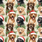 christmas dogs, santa hats, golden retriever, black labrador, brown mixed breed, cream background, holiday pattern, pine branches, red berries, holly leaves, repeating design, festive puppies, winter theme,, fabric panel, cheerful dogs, christmas greenery, seasonal print, dog faces, holiday crafting
