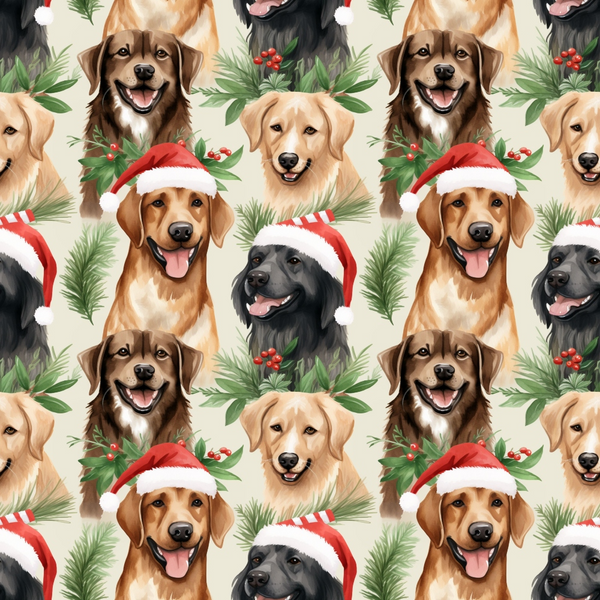 christmas dogs, santa hats, golden retriever, black labrador, brown mixed breed, cream background, holiday pattern, pine branches, red berries, holly leaves, repeating design, festive puppies, winter theme,, fabric panel, cheerful dogs, christmas greenery, seasonal print, dog faces, holiday crafting