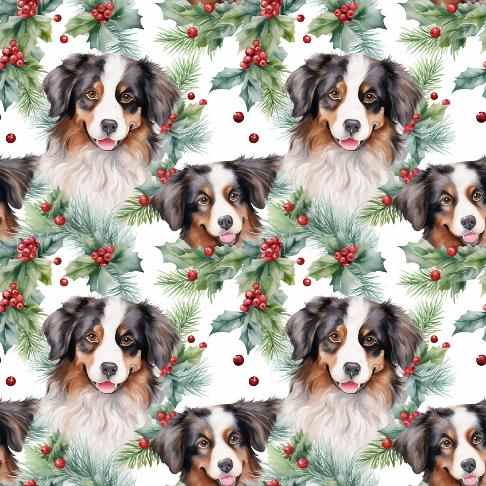 christmas fabric,, dog pattern, australian shepherd, tri-color dogs, holly berries, pine needles, red berries, green foliage, white background, festive pattern, holiday theme, cute puppies, watercolor style, seamless repeat, fabric panel, winter motifs, christmas greenery, pet themed, seasonal fabric