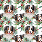 christmas fabric,, dog pattern, australian shepherd, tri-color dogs, holly berries, pine needles, red berries, green foliage, white background, festive pattern, holiday theme, cute puppies, watercolor style, seamless repeat, fabric panel, winter motifs, christmas greenery, pet themed, seasonal fabric