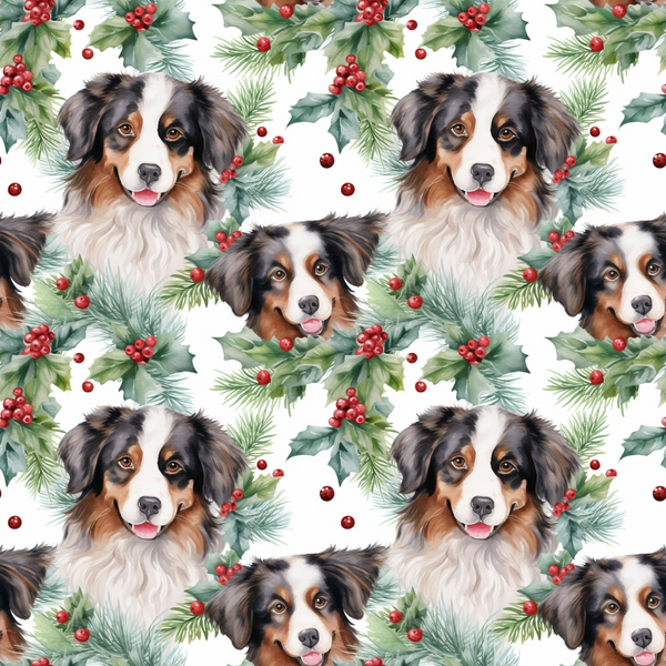christmas fabric,, dog pattern, australian shepherd, tri-color dogs, holly berries, pine needles, red berries, green foliage, white background, festive pattern, holiday theme, cute puppies, watercolor style, seamless repeat, fabric panel, winter motifs, christmas greenery, pet themed, seasonal fabric