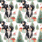 christmas pattern, bernese mountain dogs, puppies, festive design, watercolor style, repeating pattern,, fabric panel, christmas trees, gift boxes, red ribbons, green trees, black and white dogs, holiday theme, cute animals, winter pattern, sewing fabric, craft material, seasonal motif