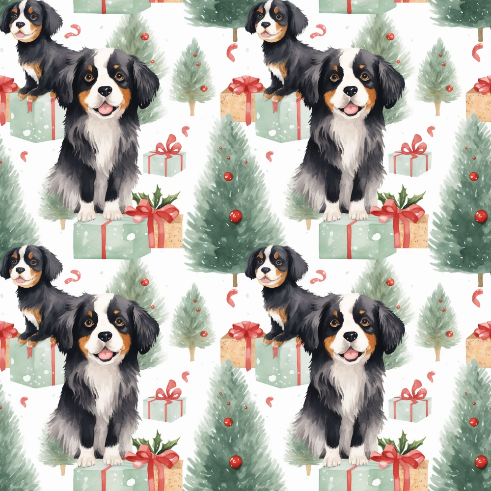 christmas pattern, bernese mountain dogs, puppies, festive design, watercolor style, repeating pattern,, fabric panel, christmas trees, gift boxes, red ribbons, green trees, black and white dogs, holiday theme, cute animals, winter pattern, sewing fabric, craft material, seasonal motif