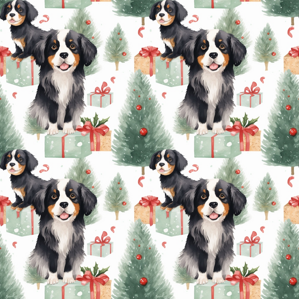christmas pattern, bernese mountain dogs, puppies, festive design, watercolor style, repeating pattern,, fabric panel, christmas trees, gift boxes, red ribbons, green trees, black and white dogs, holiday theme, cute animals, winter pattern, sewing fabric, craft material, seasonal motif