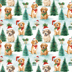 christmas puppies, golden retrievers, santa hats, red scarves, green wreaths, evergreen trees, holly leaves, gift boxes, winter wonderland, snow scene, watercolor style,, fabric panel, holiday pattern, festive dogs, pine trees, red berries, cream background, seasonal motifs, repeating design