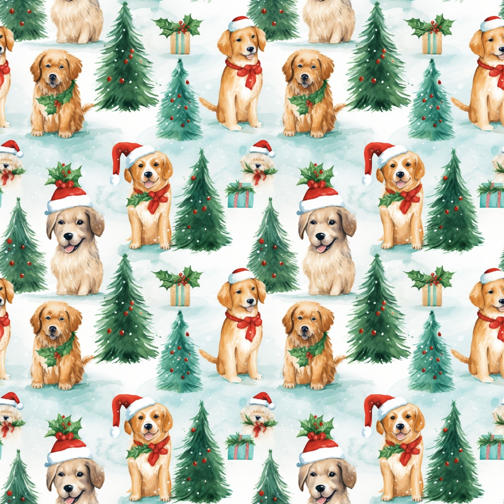 christmas puppies, golden retrievers, santa hats, red scarves, green wreaths, evergreen trees, holly leaves, gift boxes, winter wonderland, snow scene, watercolor style,, fabric panel, holiday pattern, festive dogs, pine trees, red berries, cream background, seasonal motifs, repeating design