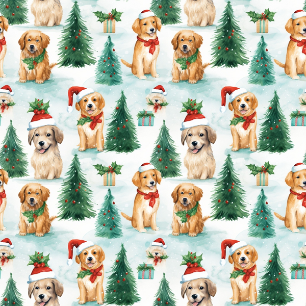 christmas puppies, golden retrievers, santa hats, red scarves, green wreaths, evergreen trees, holly leaves, gift boxes, winter wonderland, snow scene, watercolor style,, fabric panel, holiday pattern, festive dogs, pine trees, red berries, cream background, seasonal motifs, repeating design