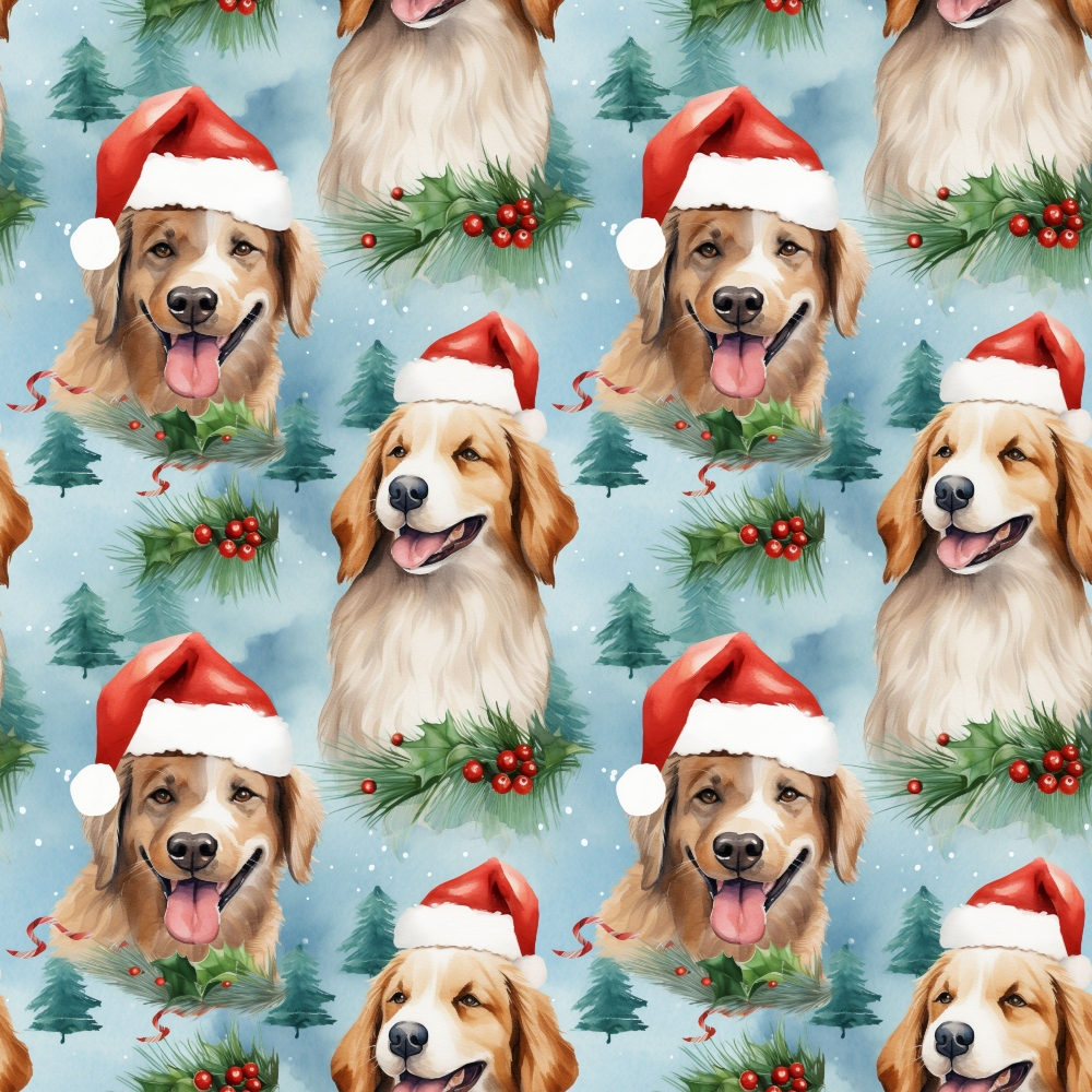 christmas dogs, santa hats, golden retrievers, red and white, light blue background, evergreen trees, holly berries, pine branches, snowing pattern, repeating design, festive puppies, holiday theme,, fabric panel, cheerful mood, winter scene, dog portraits, christmas decorations, seasonal pattern, watercolor style