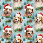 christmas dogs, santa hats, golden retrievers, red and white, light blue background, evergreen trees, holly berries, pine branches, snowing pattern, repeating design, festive puppies, holiday theme,, fabric panel, cheerful mood, winter scene, dog portraits, christmas decorations, seasonal pattern, watercolor style