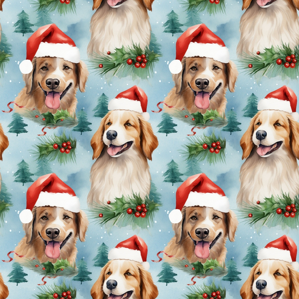 christmas dogs, santa hats, golden retrievers, red and white, light blue background, evergreen trees, holly berries, pine branches, snowing pattern, repeating design, festive puppies, holiday theme,, fabric panel, cheerful mood, winter scene, dog portraits, christmas decorations, seasonal pattern, watercolor style