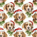 christmas dogs, santa hats, beagle puppies, red santa caps, green wreaths, holly berries, brown and white dogs, repeating pattern, watercolor style, festive design,, fabric panel, holiday theme, cute animals, christmas decorations, seamless repeat, warm colors, winter celebration, dog portraits, seasonal fabric