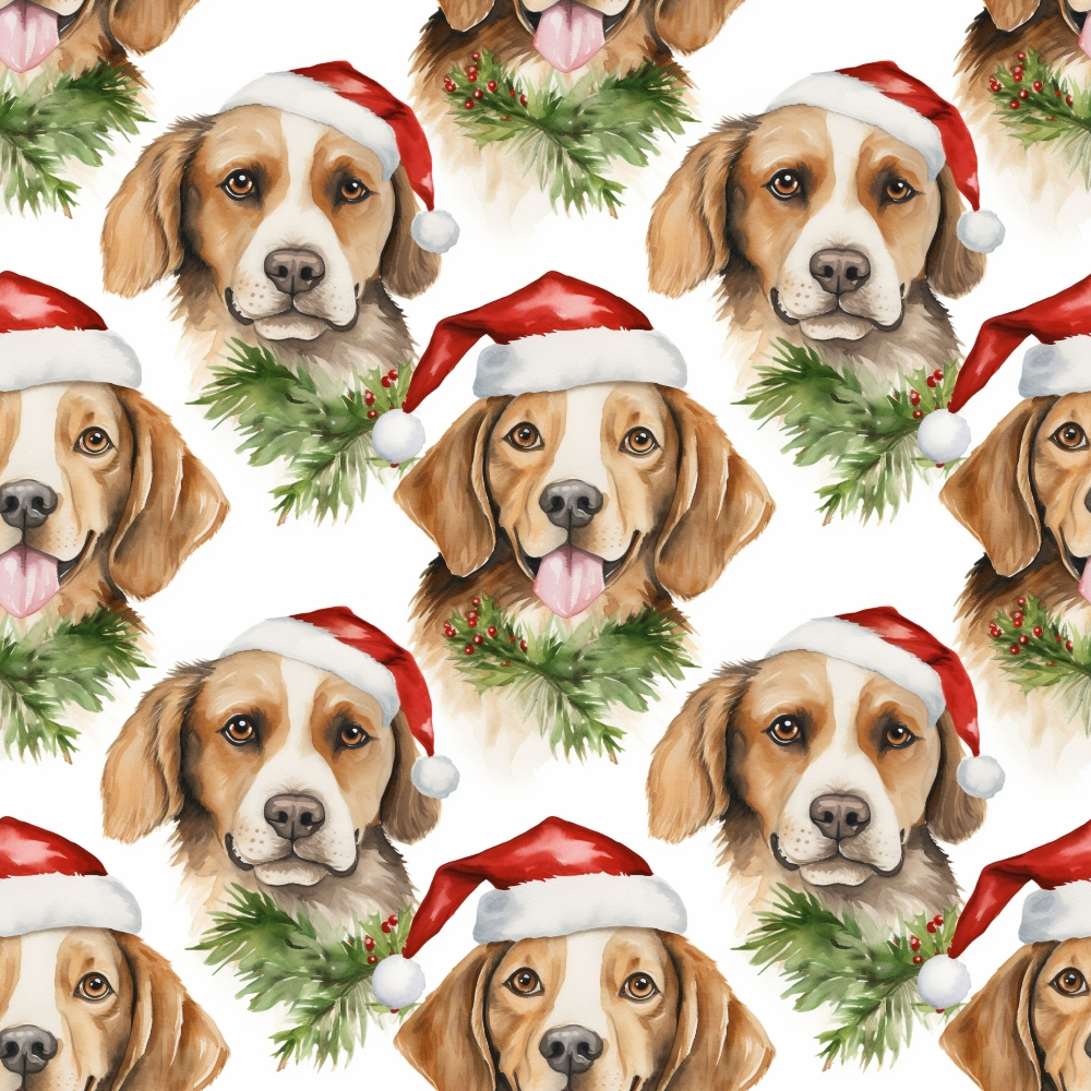 christmas dogs, santa hats, beagle puppies, red santa caps, green wreaths, holly berries, brown and white dogs, repeating pattern, watercolor style, festive design,, fabric panel, holiday theme, cute animals, christmas decorations, seamless repeat, warm colors, winter celebration, dog portraits, seasonal fabric