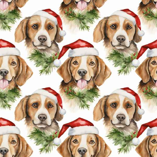 christmas dogs, santa hats, beagle puppies, red santa caps, green wreaths, holly berries, brown and white dogs, repeating pattern, watercolor style, festive design,, fabric panel, holiday theme, cute animals, christmas decorations, seamless repeat, warm colors, winter celebration, dog portraits, seasonal fabric