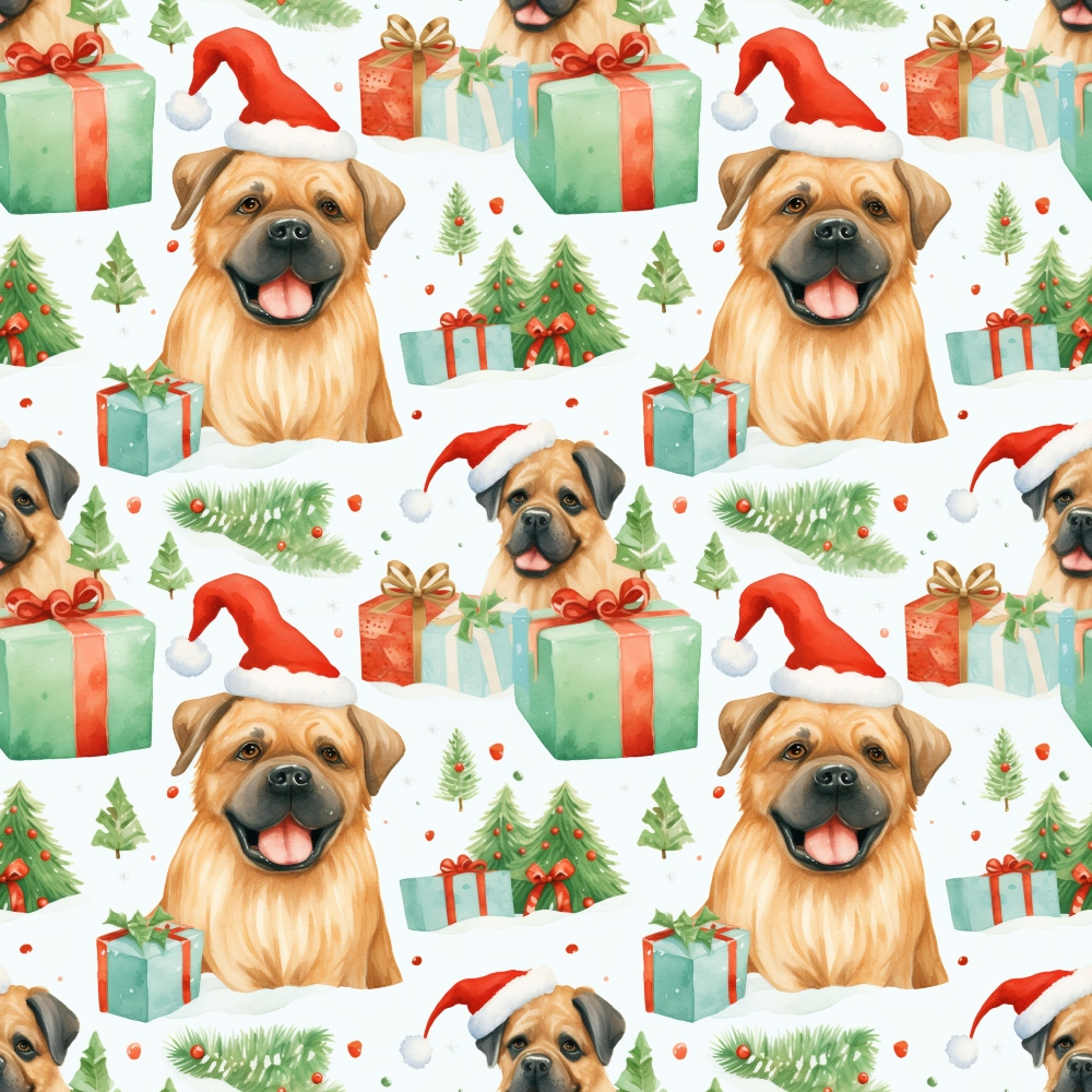 christmas dogs, santa hats, puppy faces, gift boxes, pine trees, red ribbons, green presents, watercolor style, holiday pattern,, fabric panel, festive design, winter theme, cute animals, repeating motif, red accents, green foliage, wrapped gifts, cheerful mood, seasonal print