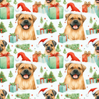 christmas dogs, santa hats, puppy faces, gift boxes, pine trees, red ribbons, green presents, watercolor style, holiday pattern,, fabric panel, festive design, winter theme, cute animals, repeating motif, red accents, green foliage, wrapped gifts, cheerful mood, seasonal print